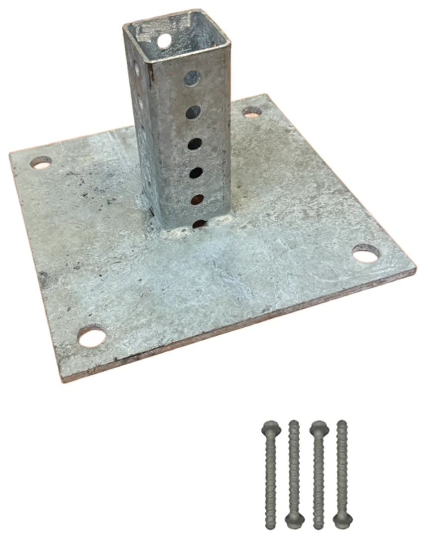 10\" x 10\" Galvanized Steel Sign Mounting Base for 2\" Square Sign Posts with Four (4) 5\" x 1/2\" Tapcon Fasteners for Concrete