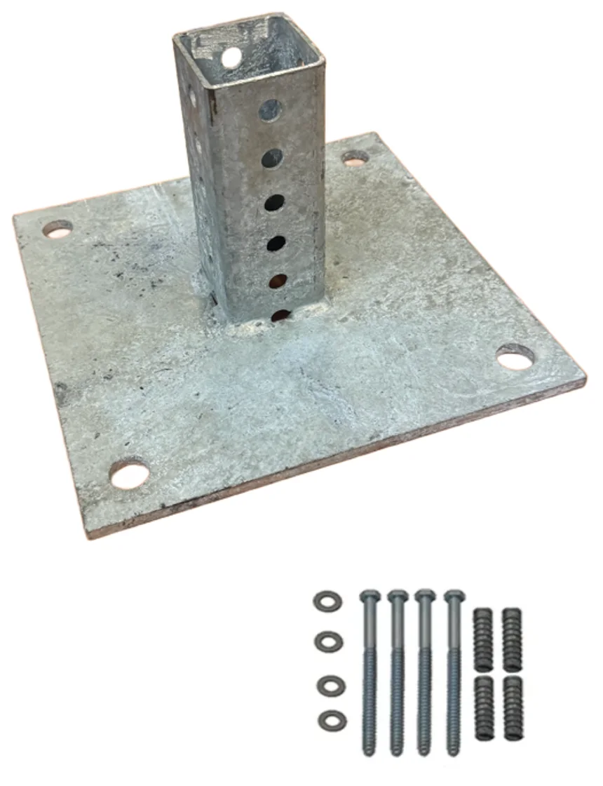 10\" x 10\" Galvanized Steel Sign Mounting Base for 2\" Square Sign Posts with Four (4) 5\" x 1/2\" Lag Bolts and Anchors