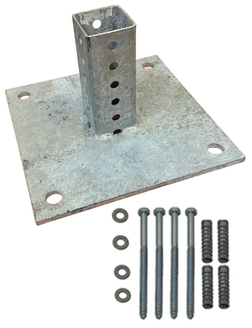 10\" x 10\" Galvanized Steel Sign Mounting Base for 2\" Square Sign Posts with Four (4) 8\" x 1/2\" Lag Bolts and Anchors