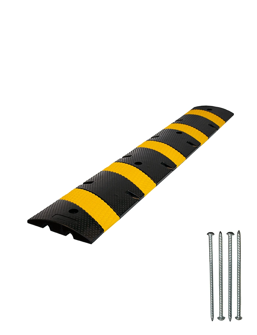 6\u0027 Economy Black \u0026 Yellow Rubber Speed Bump w/ Four (4) 14\" Rebar Spikes