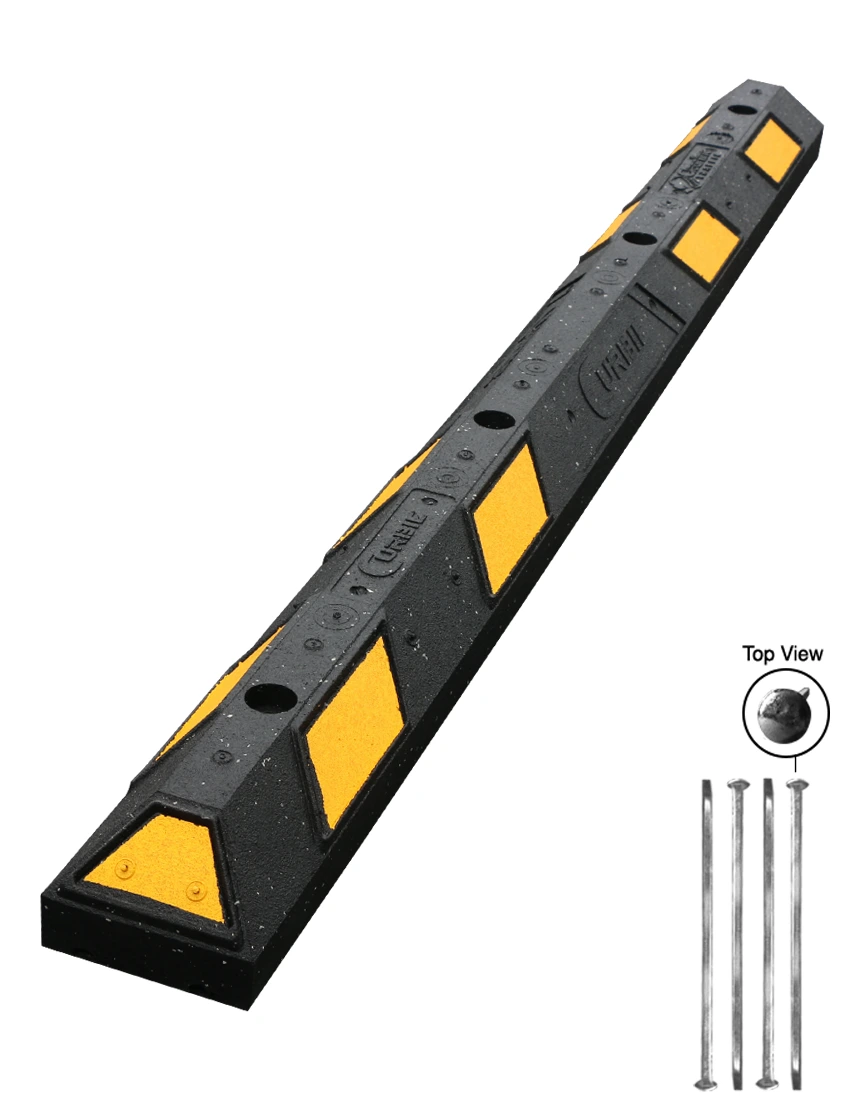 6\u0027 Black \u0026 Yellow \u0027Curbie\" Recycled Rubber Parking Block with Four (4) 18\" Spikes