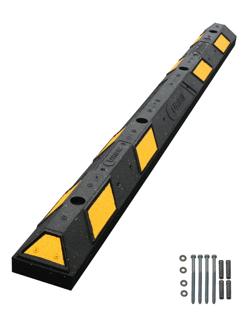 6\u0027 Black \u0026 Yellow \u0027Curbie\" Recycled Rubber Parking Block with Four (4) Lag Bolts \u0026 Anchors