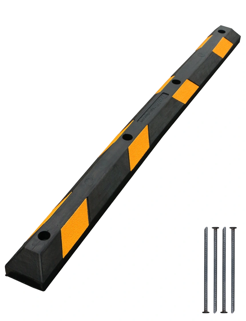 6\u0027 Yellow Low-Profile Rubber Parking Block w/four 13\" Steel Rebar Spikes