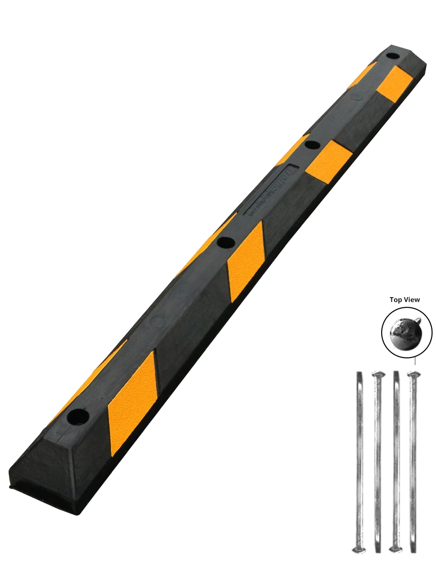 6\u0027 Yellow Low-Profile Rubber Parking Block w/four 18\" Galvanized Steel Spikes