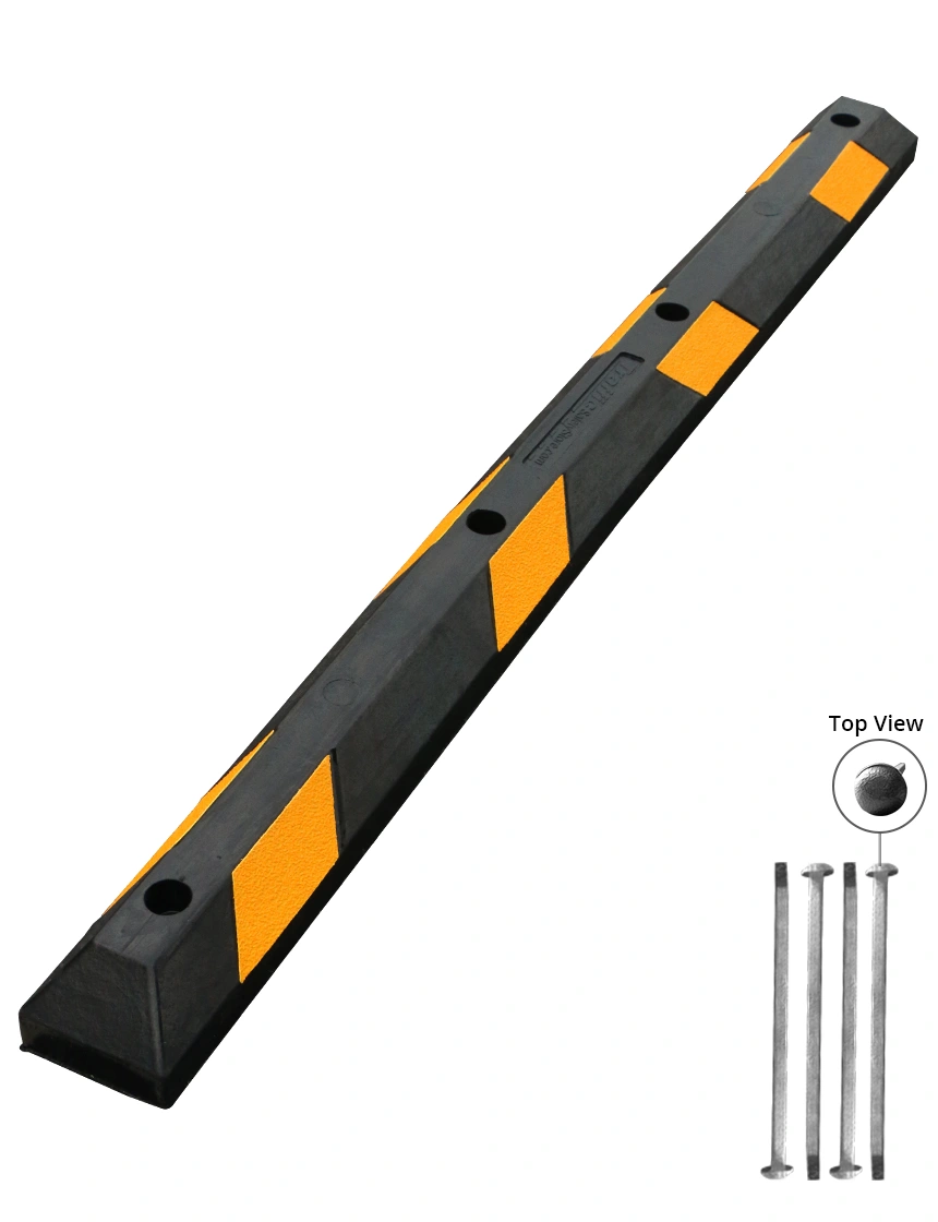 6\u0027 Yellow Low-Profile Rubber Parking Block w/four 12\" Galvanized Steel Spikes