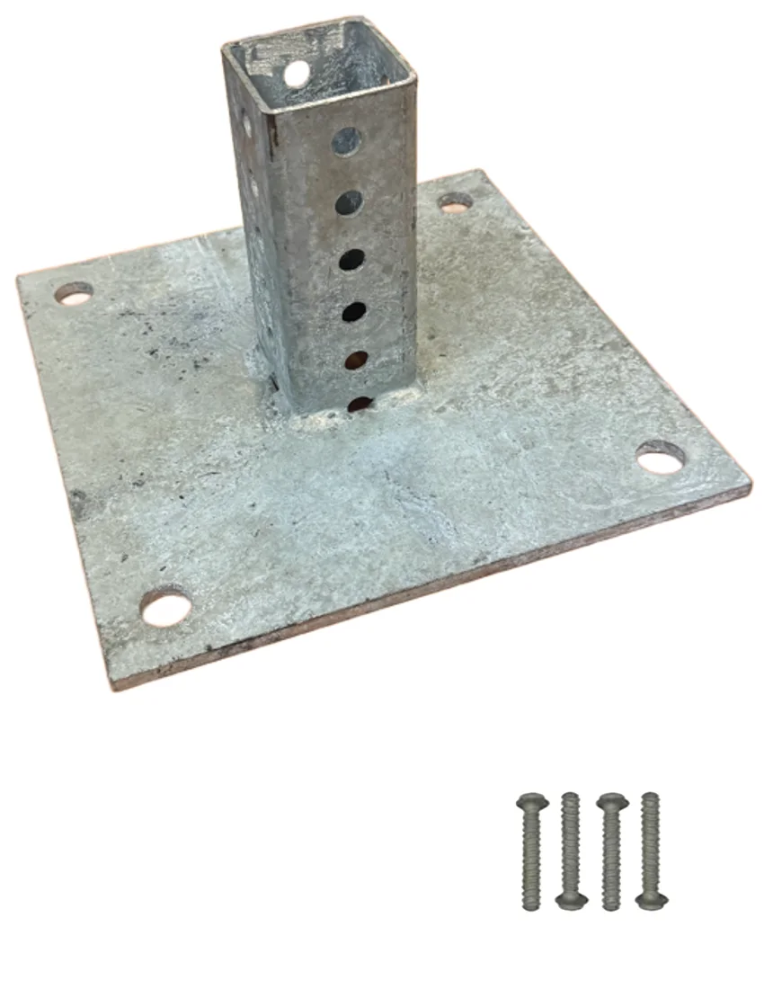 10\" x 10\" Galvanized Steel Sign Mounting Base for 2\" Square Sign Posts with Four (4) 3\" x 1/2\" Tapcon Fasteners for Concrete