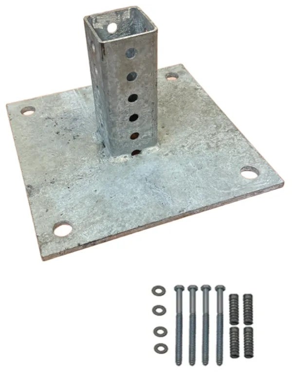 10\" x 10\" Galvanized Steel Sign Mounting Base for 2\" Square Sign Posts with Four (4) 5\" x 1/2\" Lag Bolts and Anchors