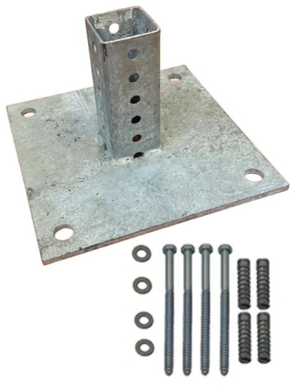 10\" x 10\" Galvanized Steel Sign Mounting Base for 2\" Square Sign Posts with Four (4) 8\" x 1/2\" Lag Bolts and Anchors