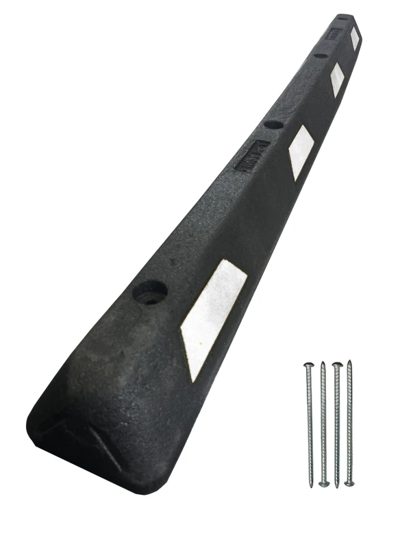 6\u0027 Black \u0026 White Plasticade Recycled Rubber Parking Block with 14\" Steel Rebar Spikes
