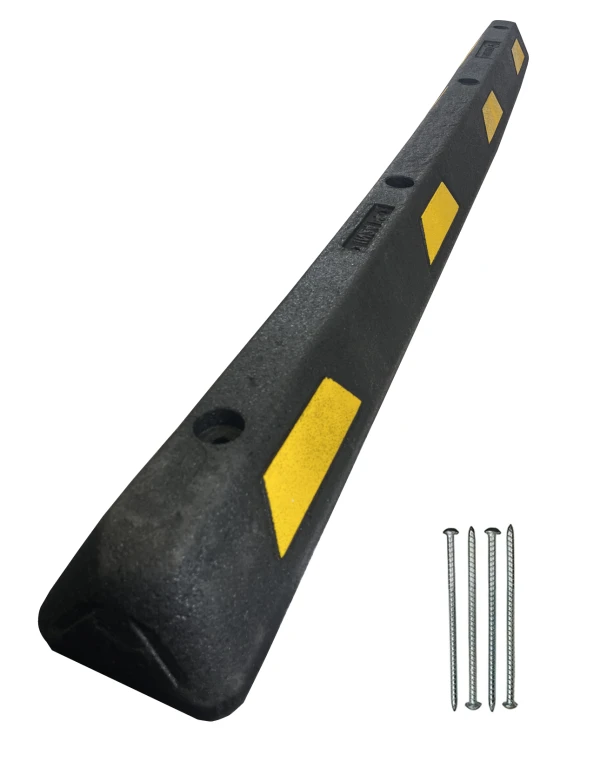 6\u0027 Black \u0026 Yellow Plasticade Recycled Rubber Parking Block with 14\" Steel Rebar Spikes