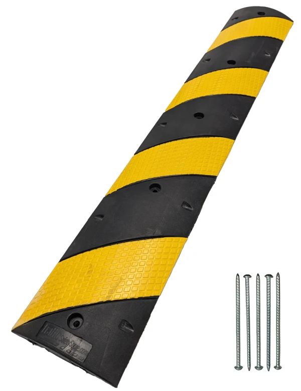 6\u0027 Black \u0026 Yellow Rubber Speed Bump with Five (5) 14\" Rebar Spikes