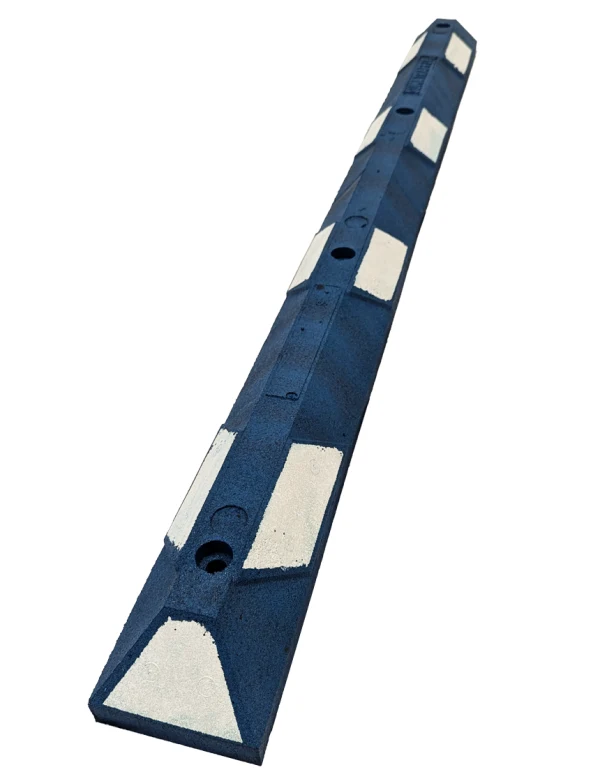 6 ft rubber parking blocks 12 in galvanized steel spikes asphalt or gravel blue white reflective