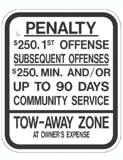 New Jersey Penalty $250 1st Offense & Tow-Away Zone Sign